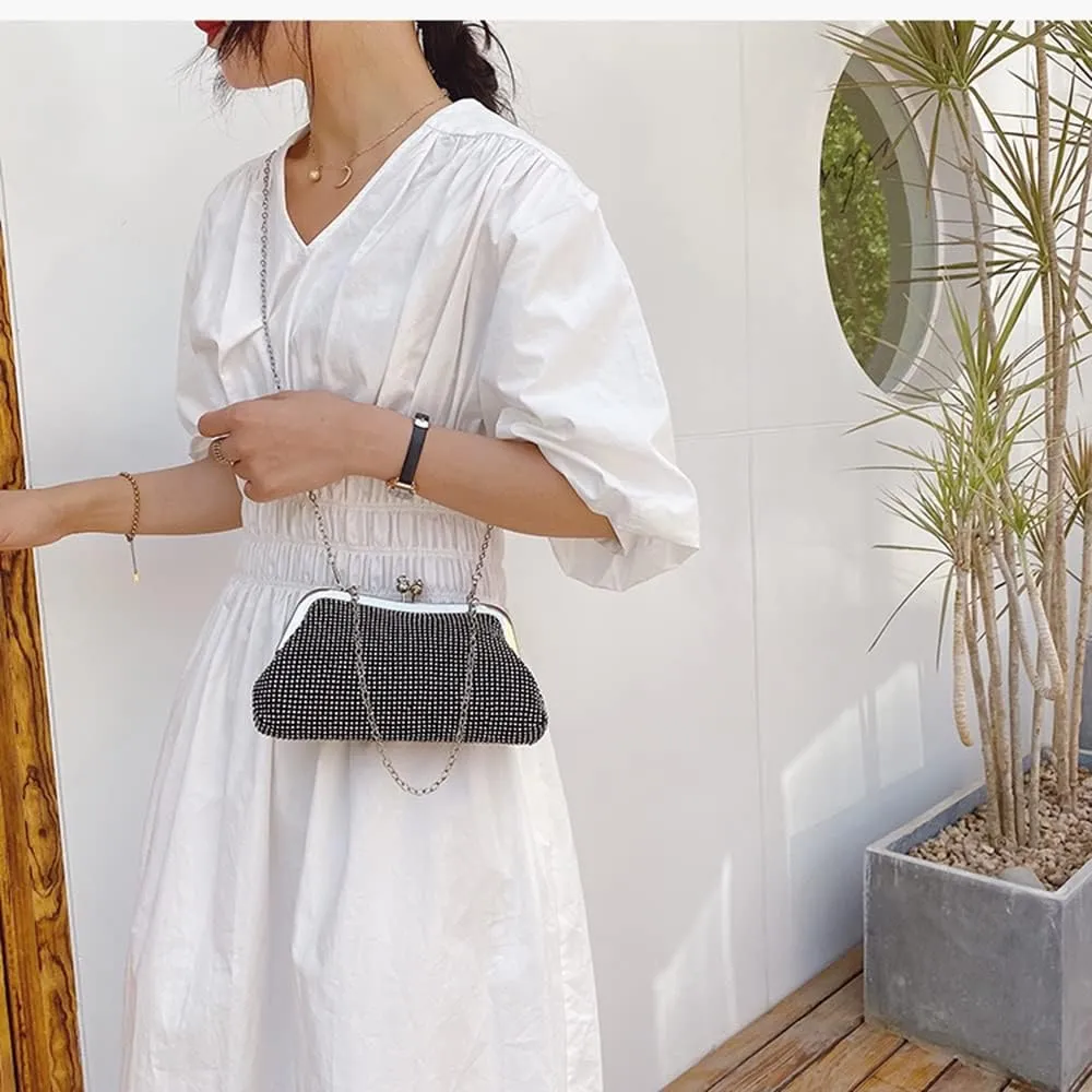 Luxury Women Handbag Crystal Beads Crossbody Bag for Wedding Party, Women's Evening Clutch Bag with Shoulder Chain (Color : Black)