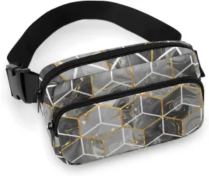 Marble Geometric Fanny Pack Belt Bag with Adjustable Strap Gray Gold Modern Art Waist Packs Small Pouch Crossbody Bags for Hiking Running Cycling Traveling