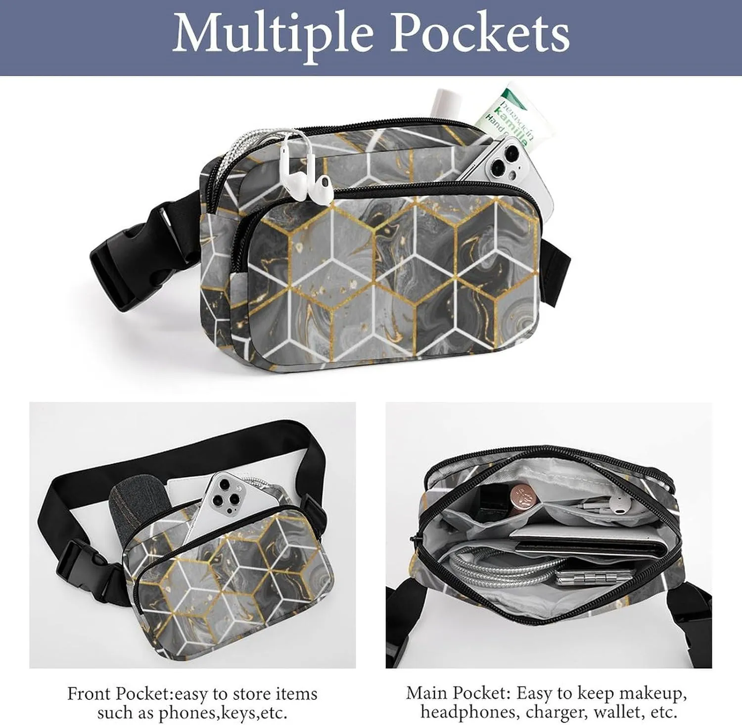 Marble Geometric Fanny Pack Belt Bag with Adjustable Strap Gray Gold Modern Art Waist Packs Small Pouch Crossbody Bags for Hiking Running Cycling Traveling