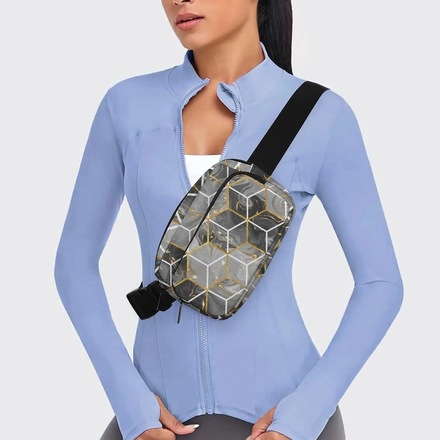Marble Geometric Fanny Pack Belt Bag with Adjustable Strap Gray Gold Modern Art Waist Packs Small Pouch Crossbody Bags for Hiking Running Cycling Traveling