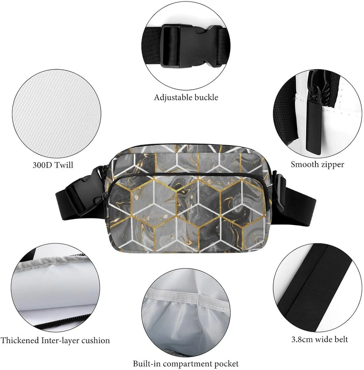 Marble Geometric Fanny Pack Belt Bag with Adjustable Strap Gray Gold Modern Art Waist Packs Small Pouch Crossbody Bags for Hiking Running Cycling Traveling