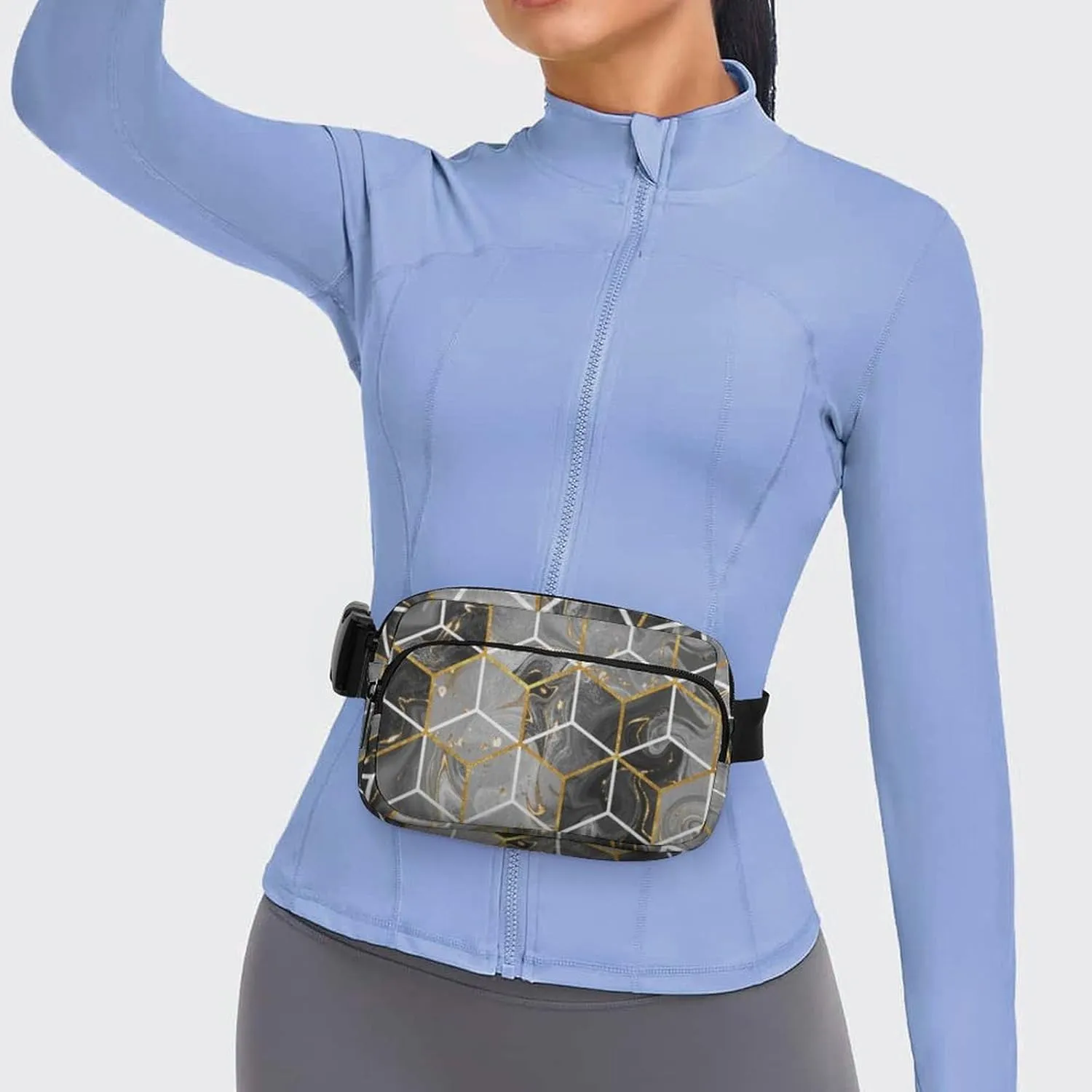 Marble Geometric Fanny Pack Belt Bag with Adjustable Strap Gray Gold Modern Art Waist Packs Small Pouch Crossbody Bags for Hiking Running Cycling Traveling