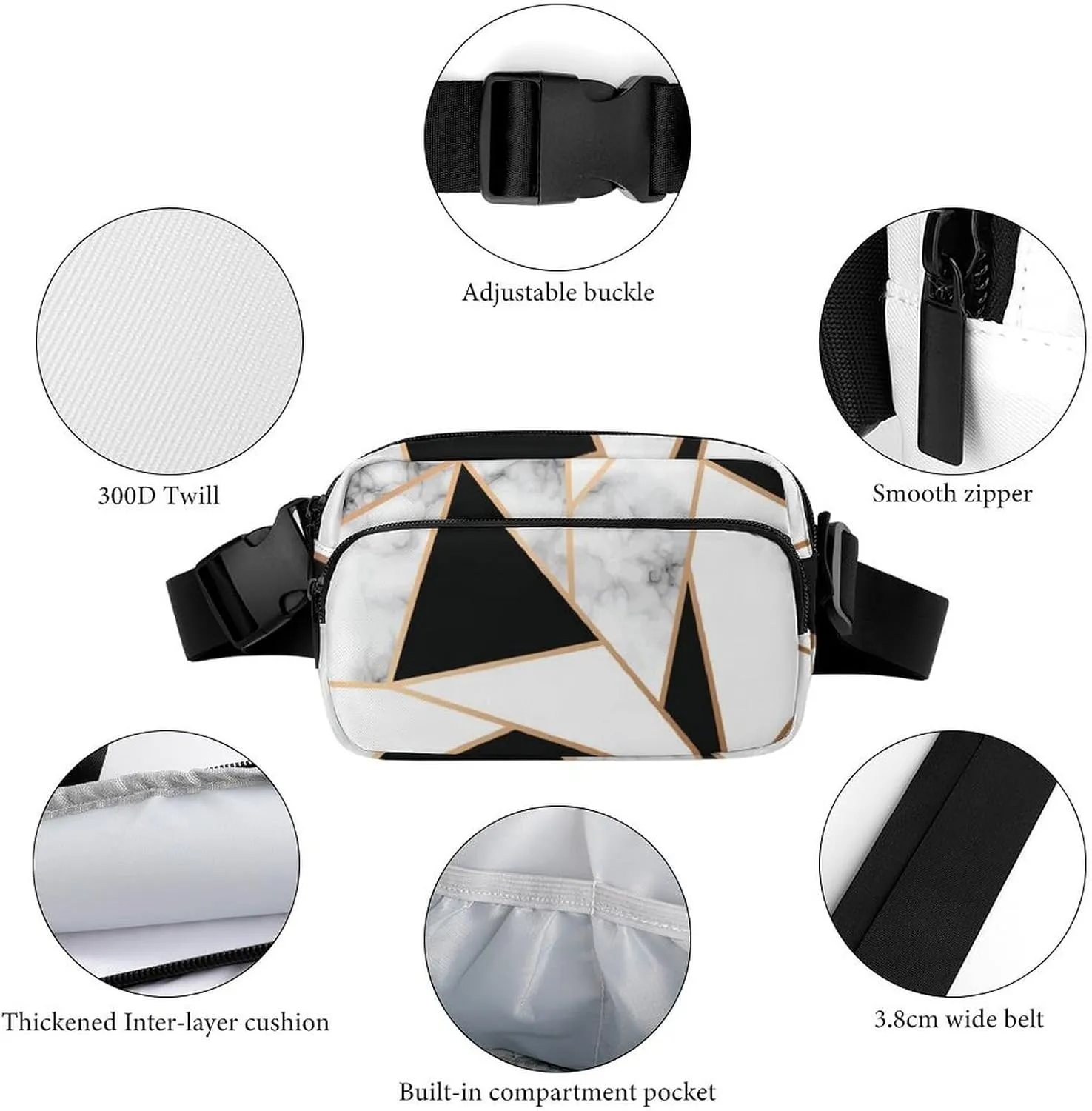 Marble Golden Geometric Fanny Pack Belt Bag with Adjustable Strap Modern Luxury Art Waist Packs Small Pouch Crossbody Bags for Hiking Running Cycling Traveling