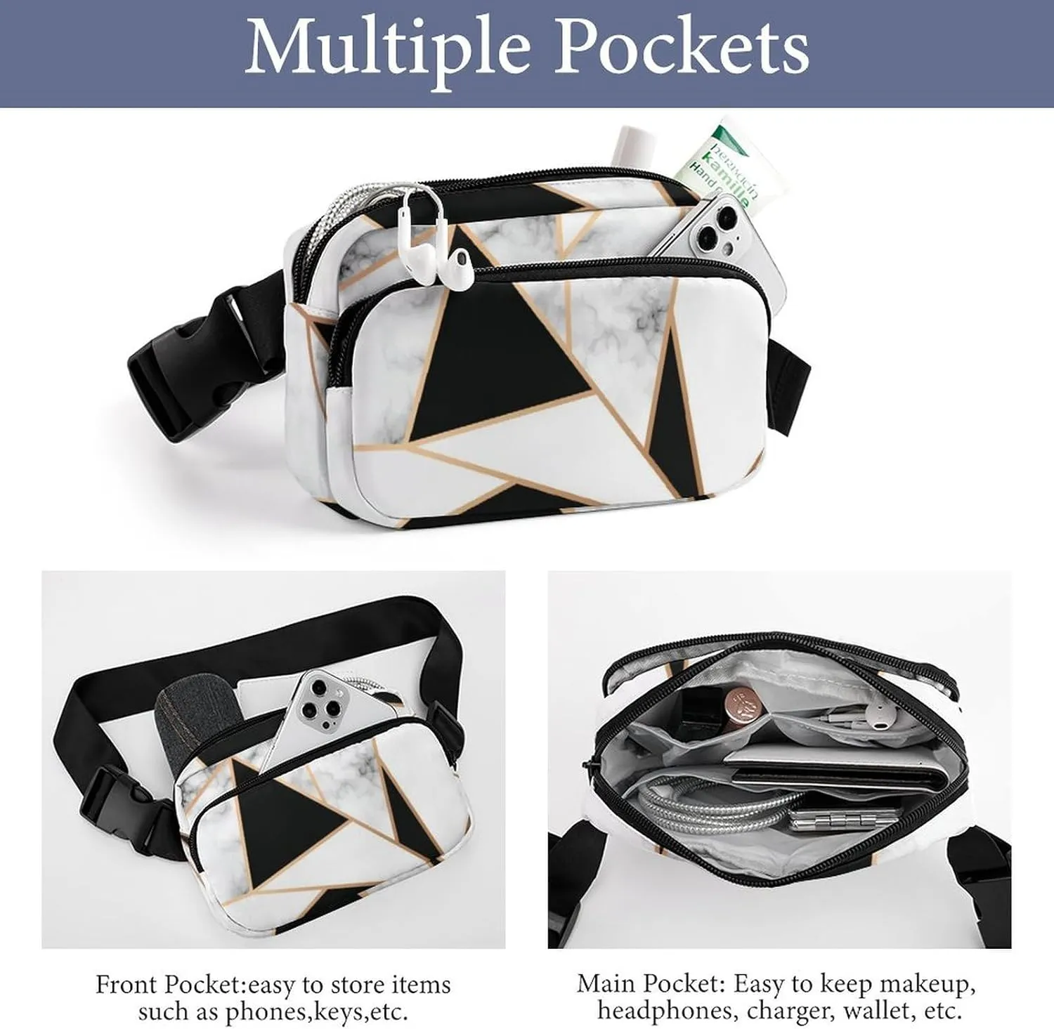 Marble Golden Geometric Fanny Pack Belt Bag with Adjustable Strap Modern Luxury Art Waist Packs Small Pouch Crossbody Bags for Hiking Running Cycling Traveling