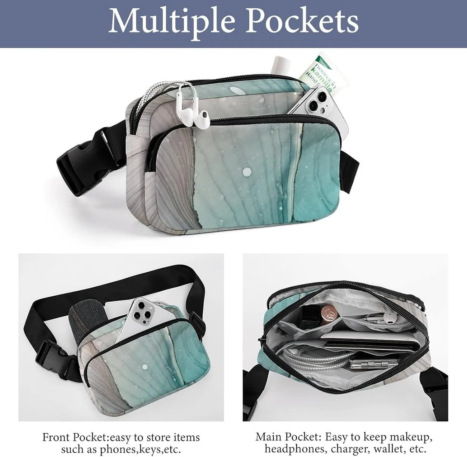 Marble Ink Fanny Pack Belt Bag with Adjustable Strap Modern Fluid Art Waist Packs Small Pouch Crossbody Bags for Hiking Running Cycling Traveling