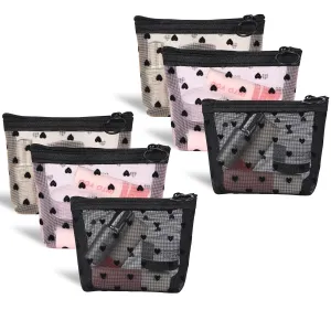 MHDGG Mini Mesh Makeup Bags, 6-Piece Heart Print Set - Cosmetic Organizers with Zipper Closure, 3 Colors