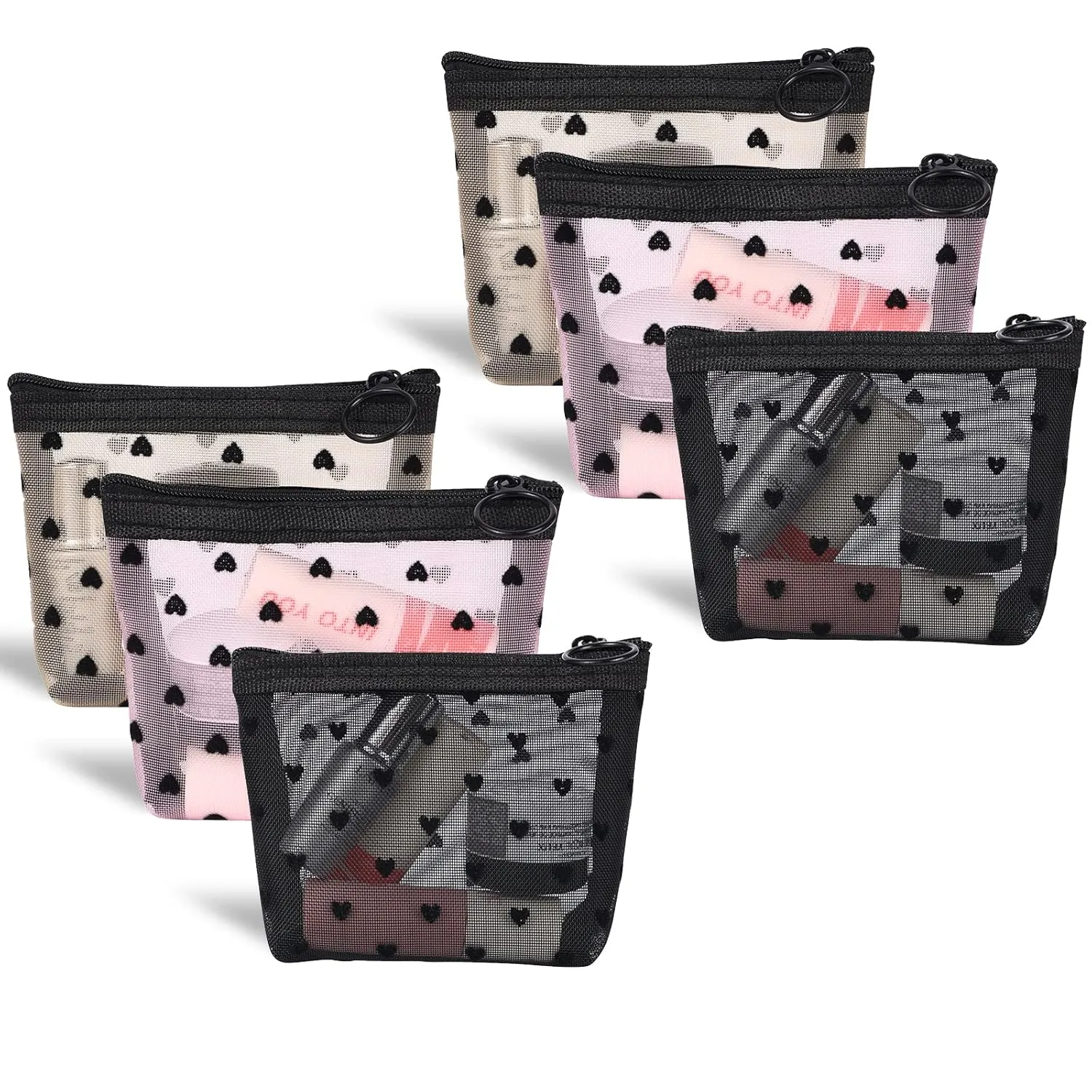 MHDGG Mini Mesh Makeup Bags, 6-Piece Heart Print Set - Cosmetic Organizers with Zipper Closure, 3 Colors