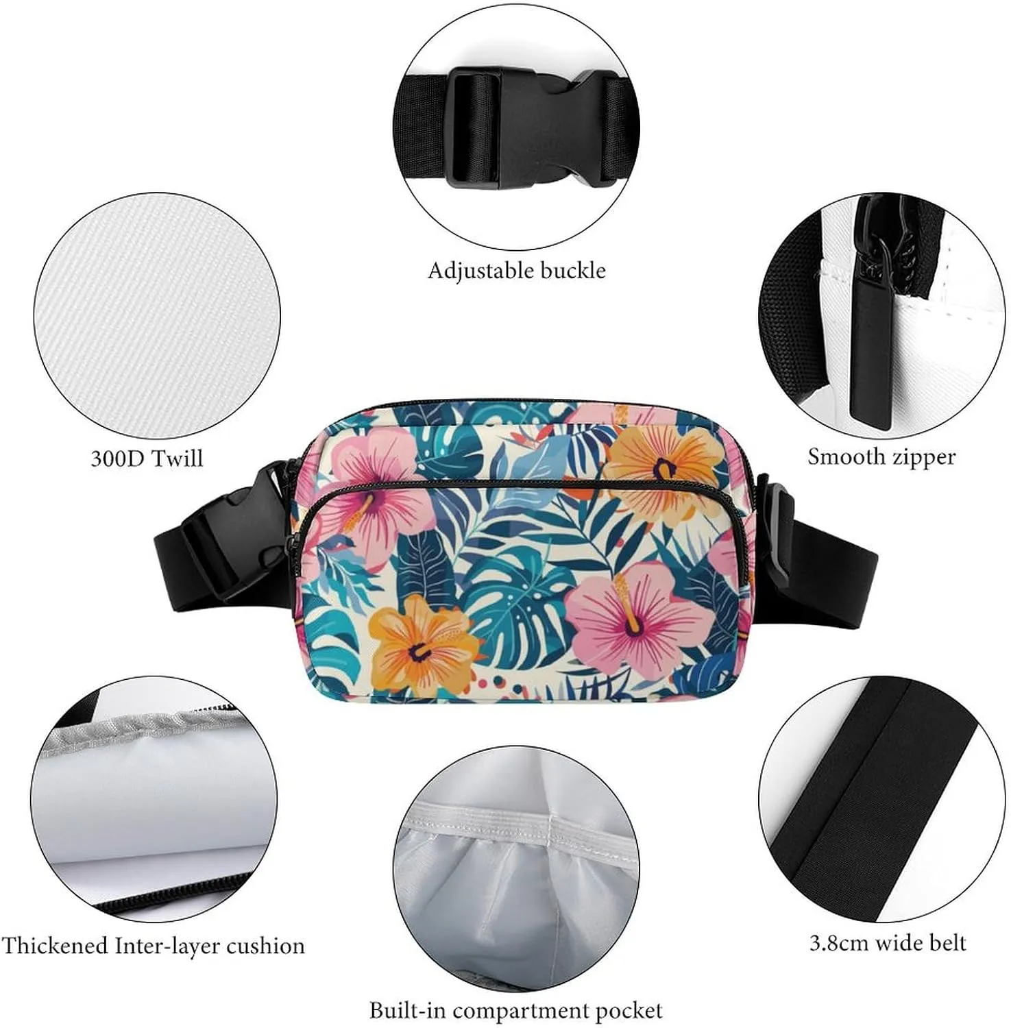 Modern Colorful Tropical Floral Fanny Pack Belt Bag with Adjustable Strap Waist Packs Small Pouch Crossbody Bags for Hiking Running Cycling Traveling