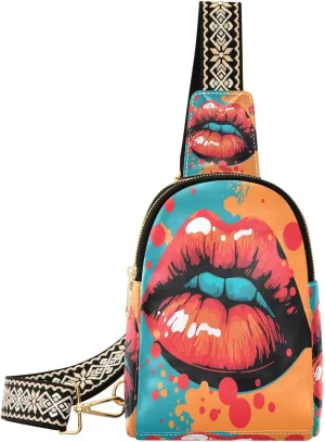 Modern Lips Retro Comic Fanny Pack Crossbody PC Leather Small Sling Bag for Women Cartoon Grunge Mouth Fashion Waist Packs Chest Bag for Travel Sports Running Hiking