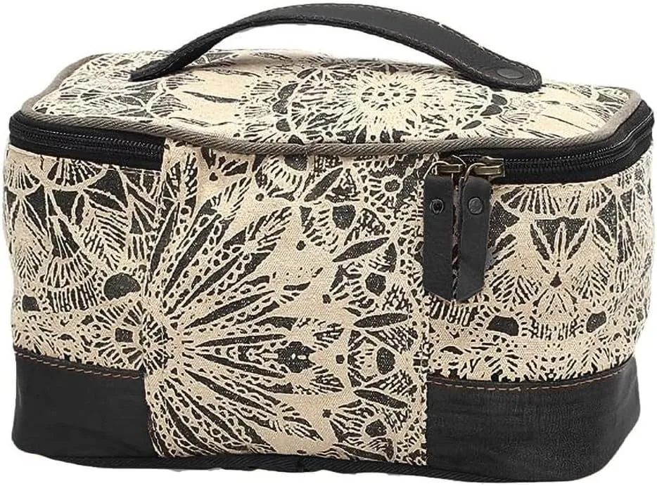 Myra Bag Flowers Leather & Upcycled Canvas Shaving Kit Bag, Black, S-9088-T