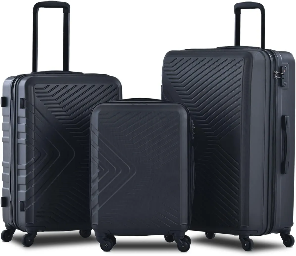 Organized and Secure 3 Piece Lightweight Luggage Set with Spinner Wheels, TSA Lock, Black