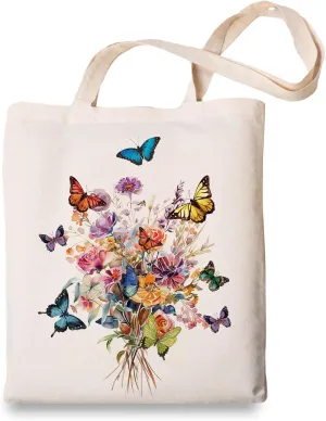OUZ Flower Tote Bag, Aesthetic Wildflower Tote Bag, Canvas Tote Bag for Women Beach Bag Shopping Bags Reusable Grocery Bags