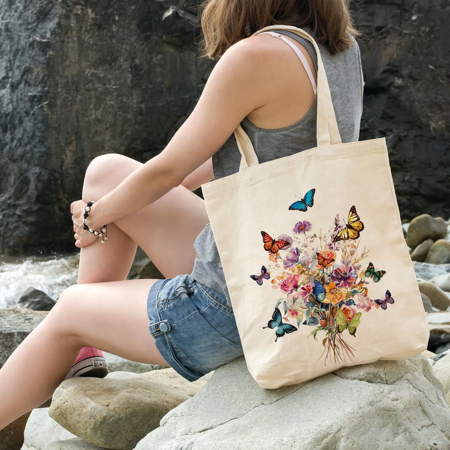 OUZ Flower Tote Bag, Aesthetic Wildflower Tote Bag, Canvas Tote Bag for Women Beach Bag Shopping Bags Reusable Grocery Bags
