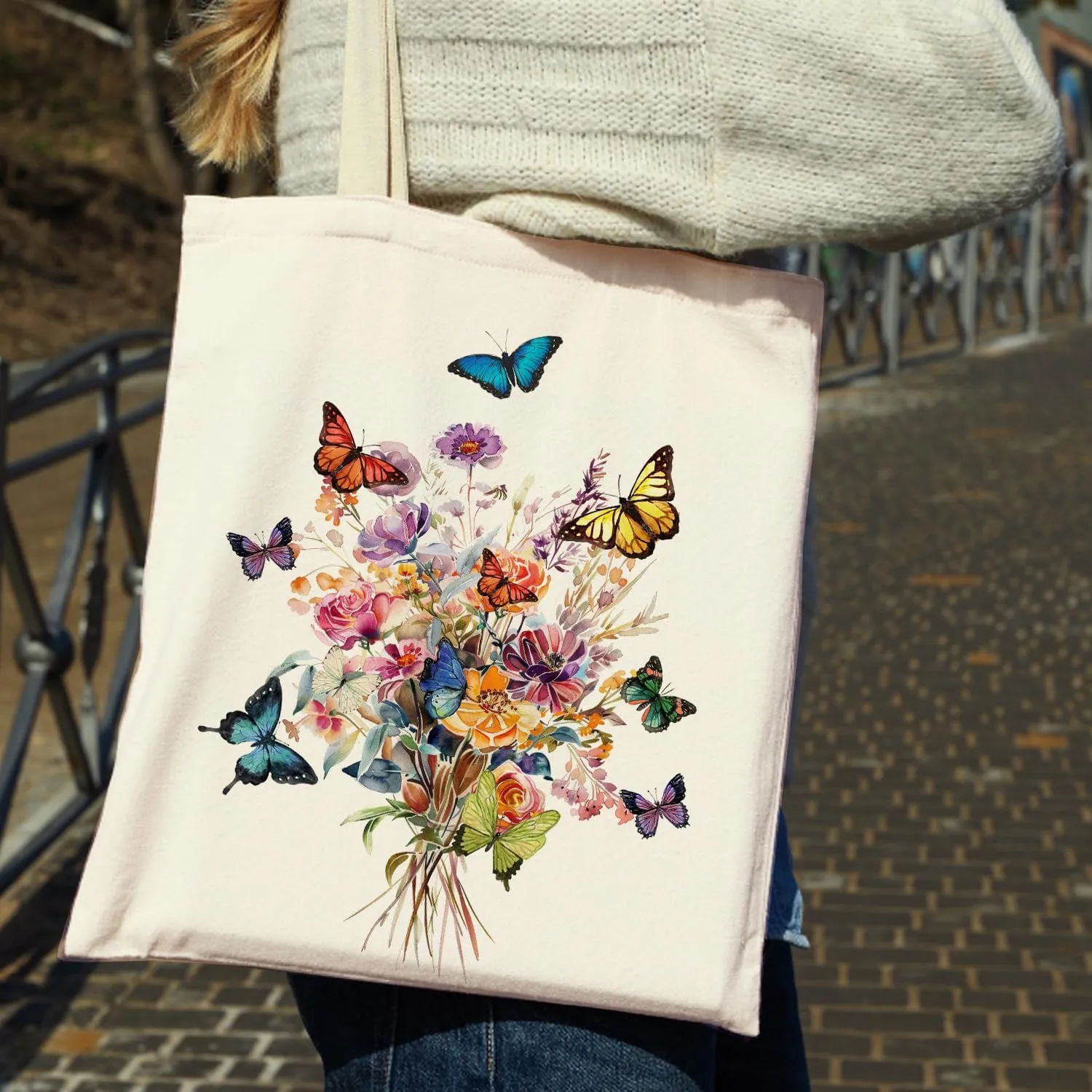 OUZ Flower Tote Bag, Aesthetic Wildflower Tote Bag, Canvas Tote Bag for Women Beach Bag Shopping Bags Reusable Grocery Bags
