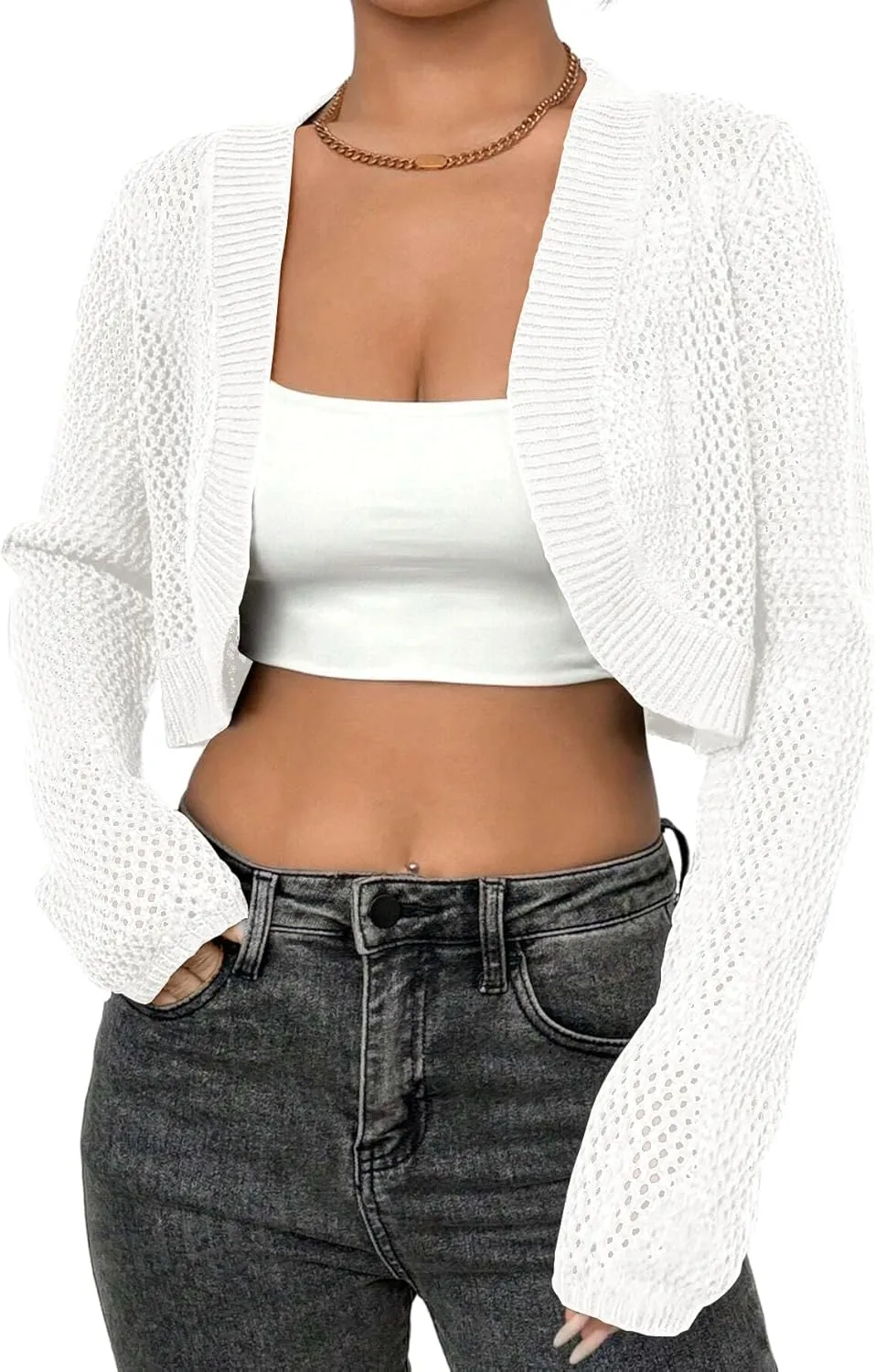 Oversized Bolero Sweater for Women Summer Thin Cropped Cardigan Delicate Eyelet Knit Shrug (Order a Size Down)