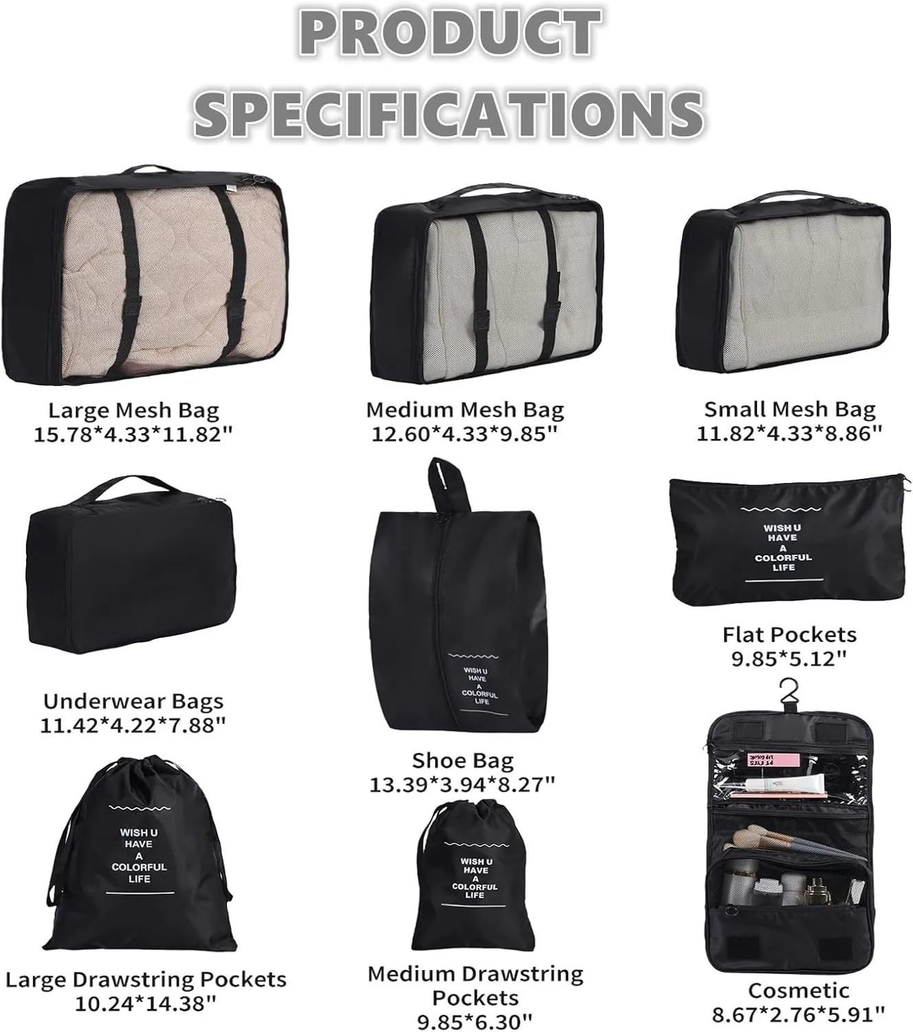 Packing Cubes Storage Luggage Organizers Bags 9 set for Travel Clothing Classification Storage Bag (Black, 9 Pieces)