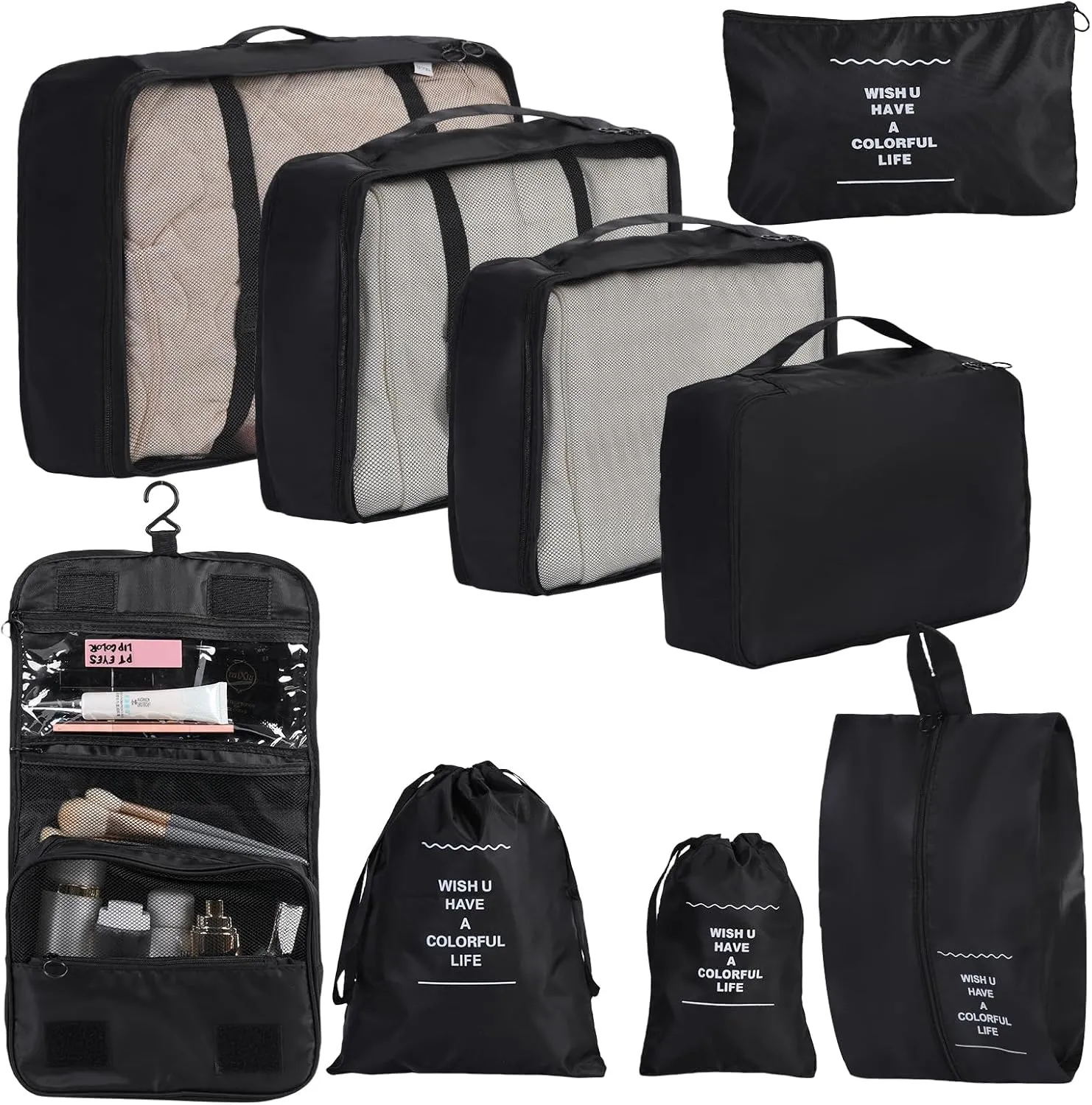 Packing Cubes Storage Luggage Organizers Bags 9 set for Travel Clothing Classification Storage Bag (Black, 9 Pieces)