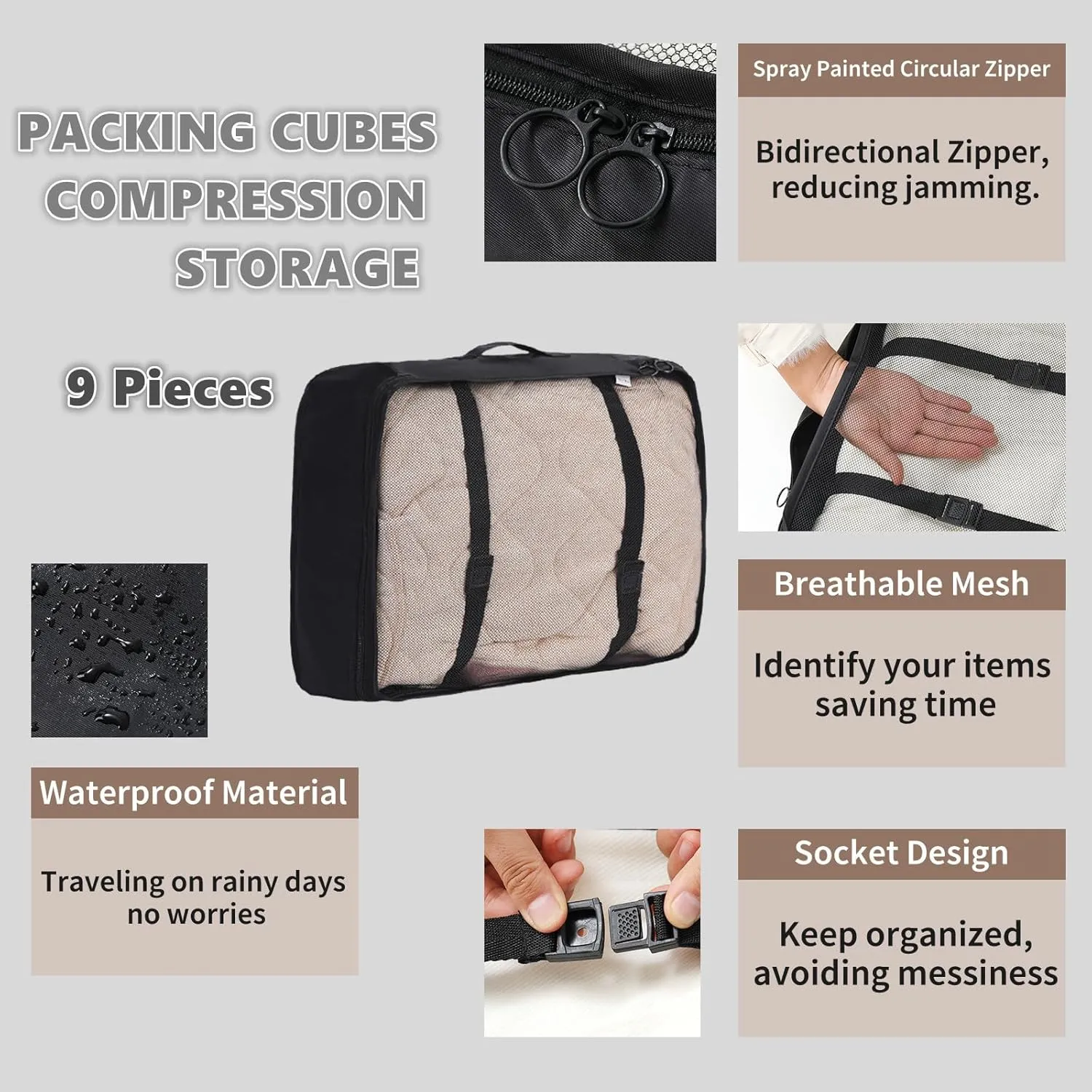 Packing Cubes Storage Luggage Organizers Bags 9 set for Travel Clothing Classification Storage Bag (Black, 9 Pieces)