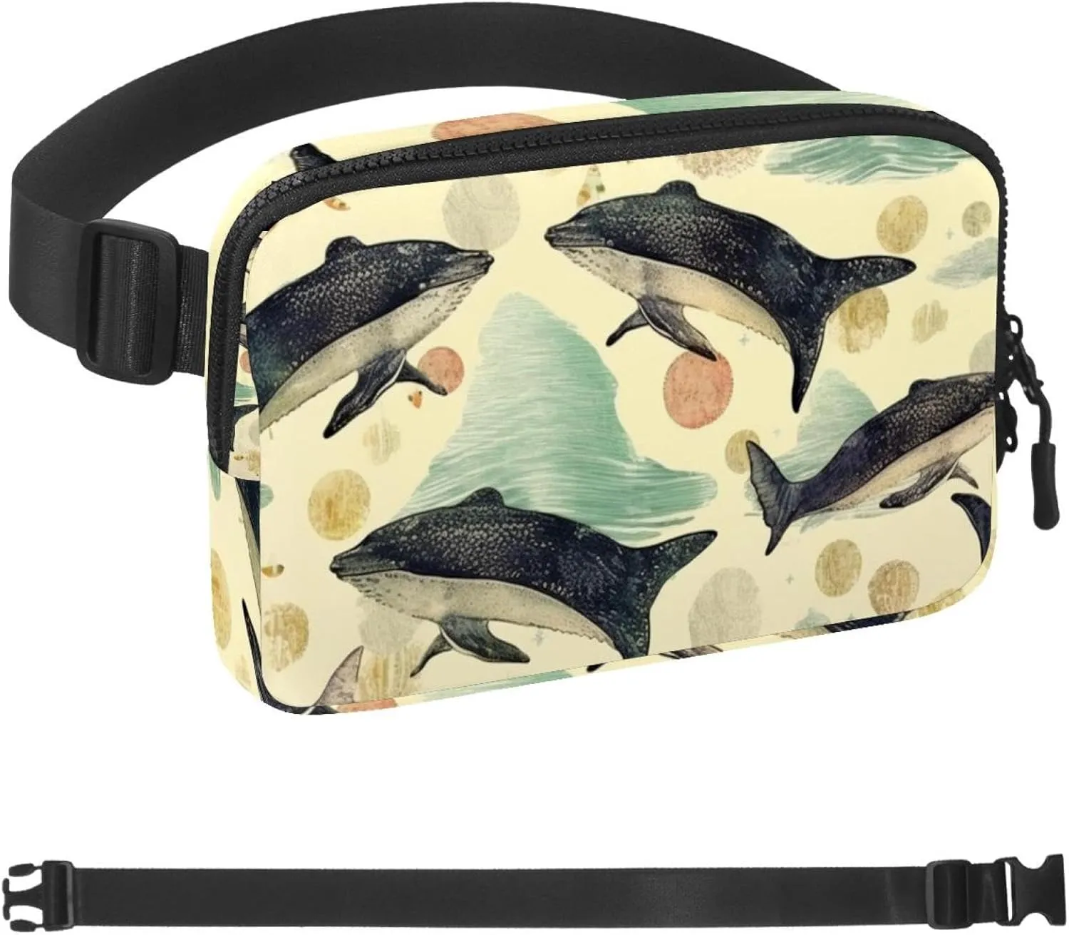 Painted Whale L Fanny Packs for Women Men, Crossbody Belt Bag with Zipper Pockets,Waterproof Waist Packs with Adjustable Strap for Workout Running Traveling Hiking