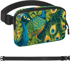 Peacock and Feathers Fanny Packs for Women Men, Crossbody Belt Bag with Zipper Pockets,Waterproof Waist Packs with Adjustable Strap for Workout Running Traveling Hiking