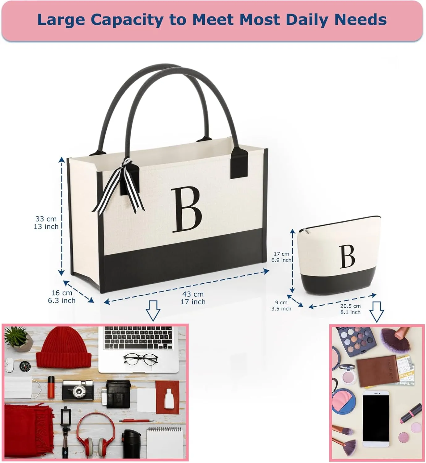 Personalized Canvas Tote Bag, Monogrammed Gift with Zipper Pouch for Women