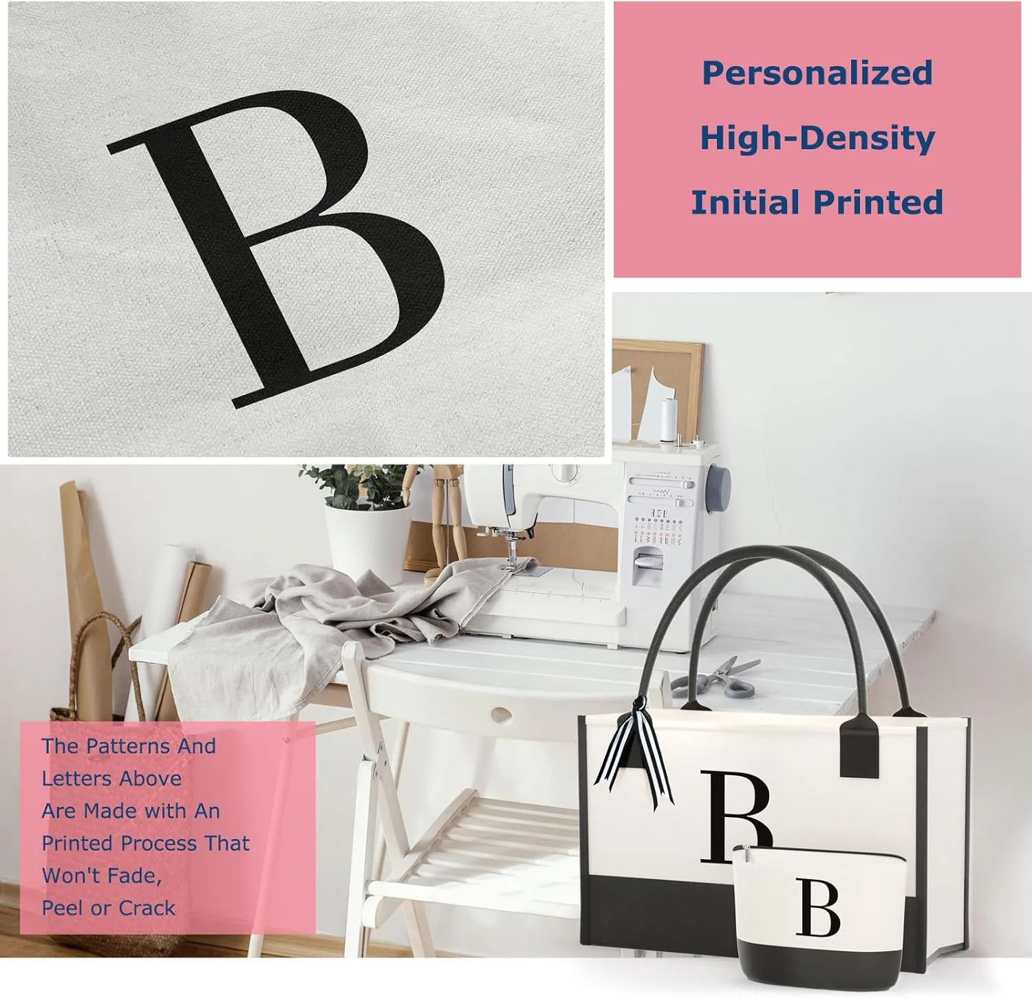 Personalized Canvas Tote Bag, Monogrammed Gift with Zipper Pouch for Women