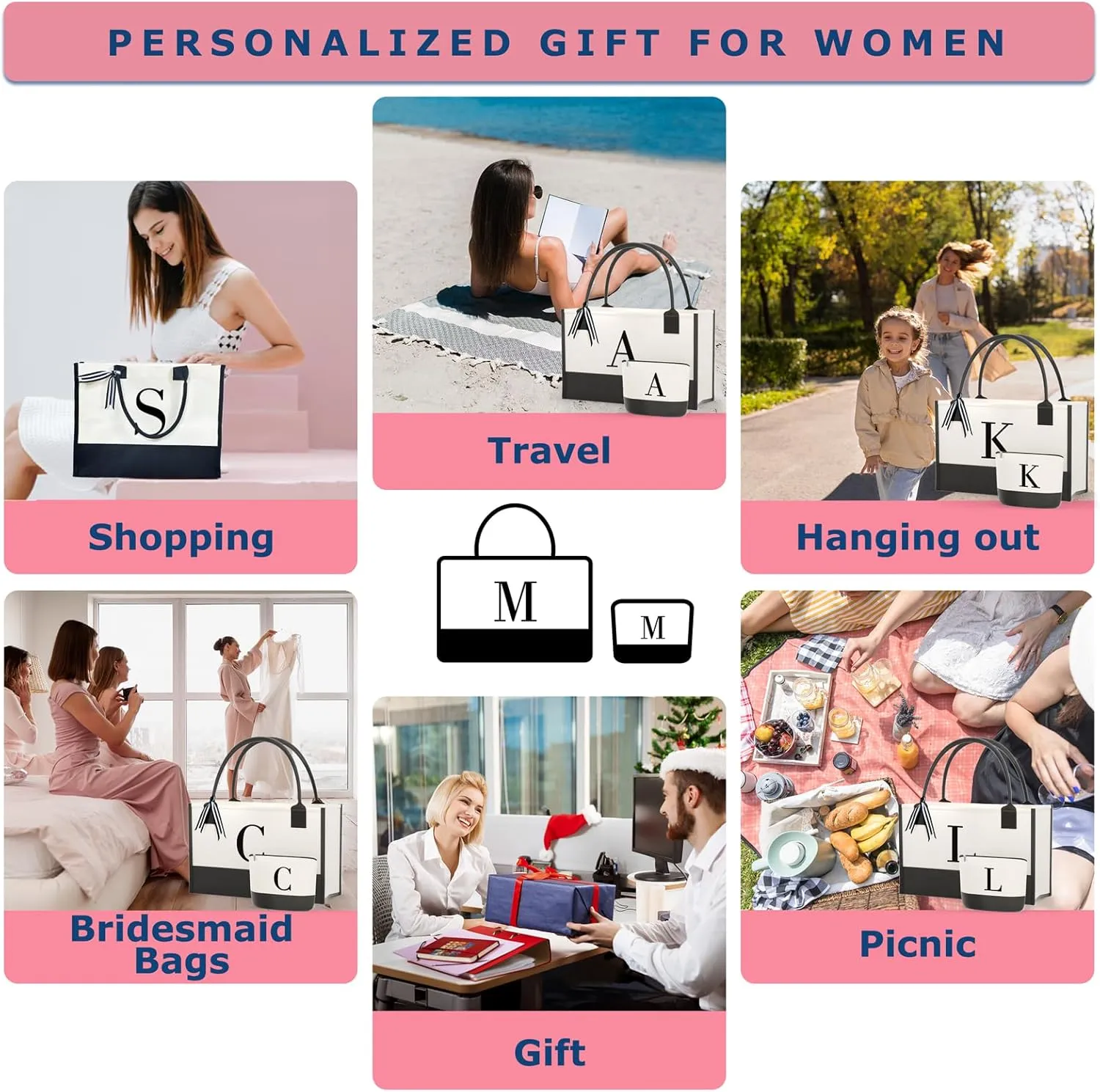 Personalized Canvas Tote Bag, Monogrammed Gift with Zipper Pouch for Women