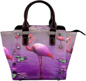 Peynir Pink Flamingos Among Water Lilies Women Leather Rivet Shoulder Bag Fashion Mini Handbags Satchel Purse Crossbody Bag
