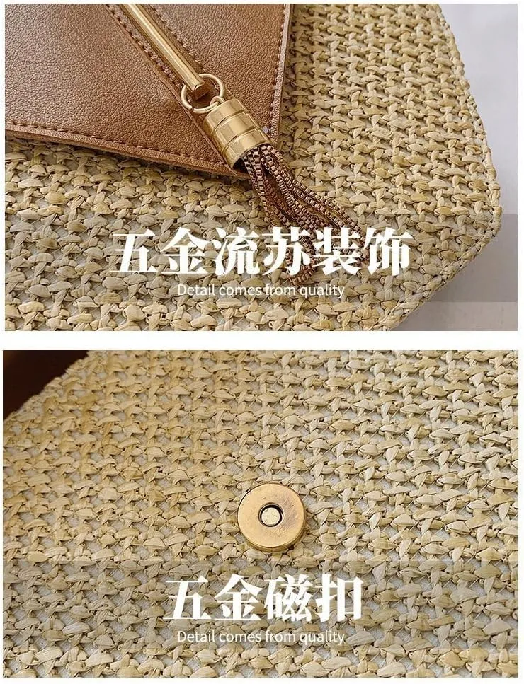 PEYNIR Straw Handbags for Women 2024,Women Purse Summer Straw Woven Clutch Bag Handbags Vacation Beach Tote Formal Party Wedding (Brown)