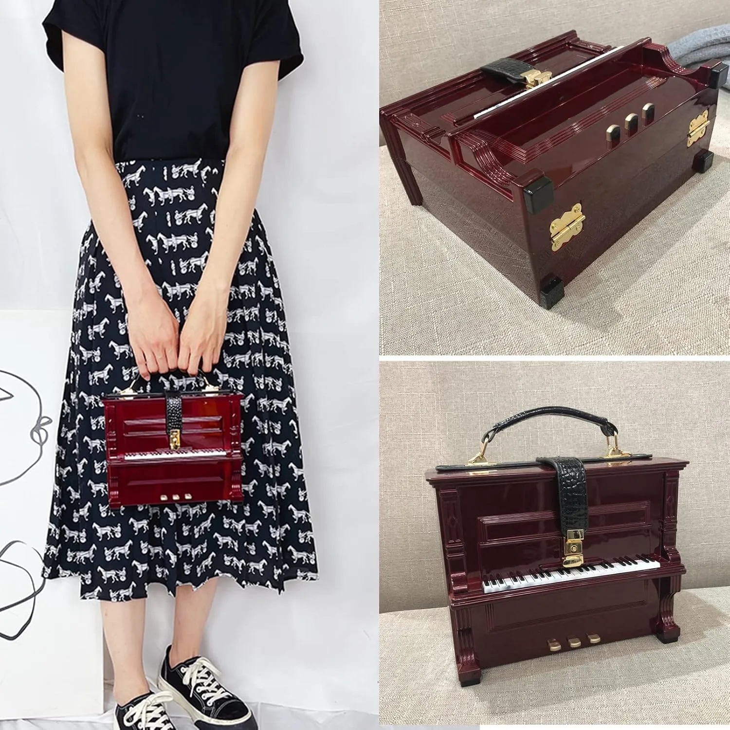 Piano Shaped Purse Handbag Women Crossbody Shoulder Bag Acrylic Unique Novelty Box Shaped Piano Purse Top Handle Clutch Bag