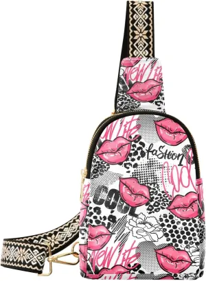 Pink Lips Cool Fanny Pack Crossbody PC Leather Small Sling Bag for Women Modern Cute Valentine Fashion Waist Packs Chest Bag for Travel Sports Running Hiking
