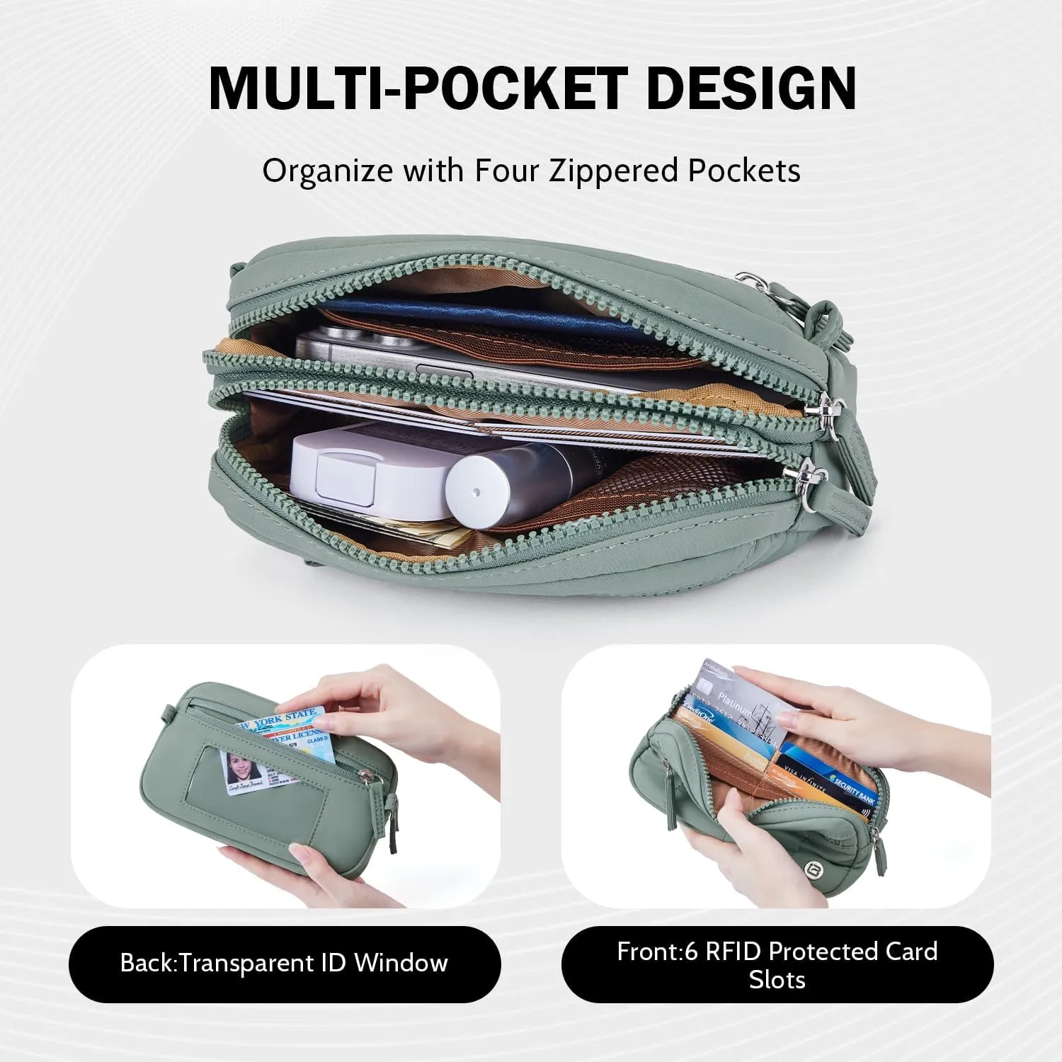 POIUGOYA Small Nylon Crossbody Bags for Women,RFID Wristlet Purse Built in Wallet, 4 Zipper Crossbody Wallet Phone Organizer
