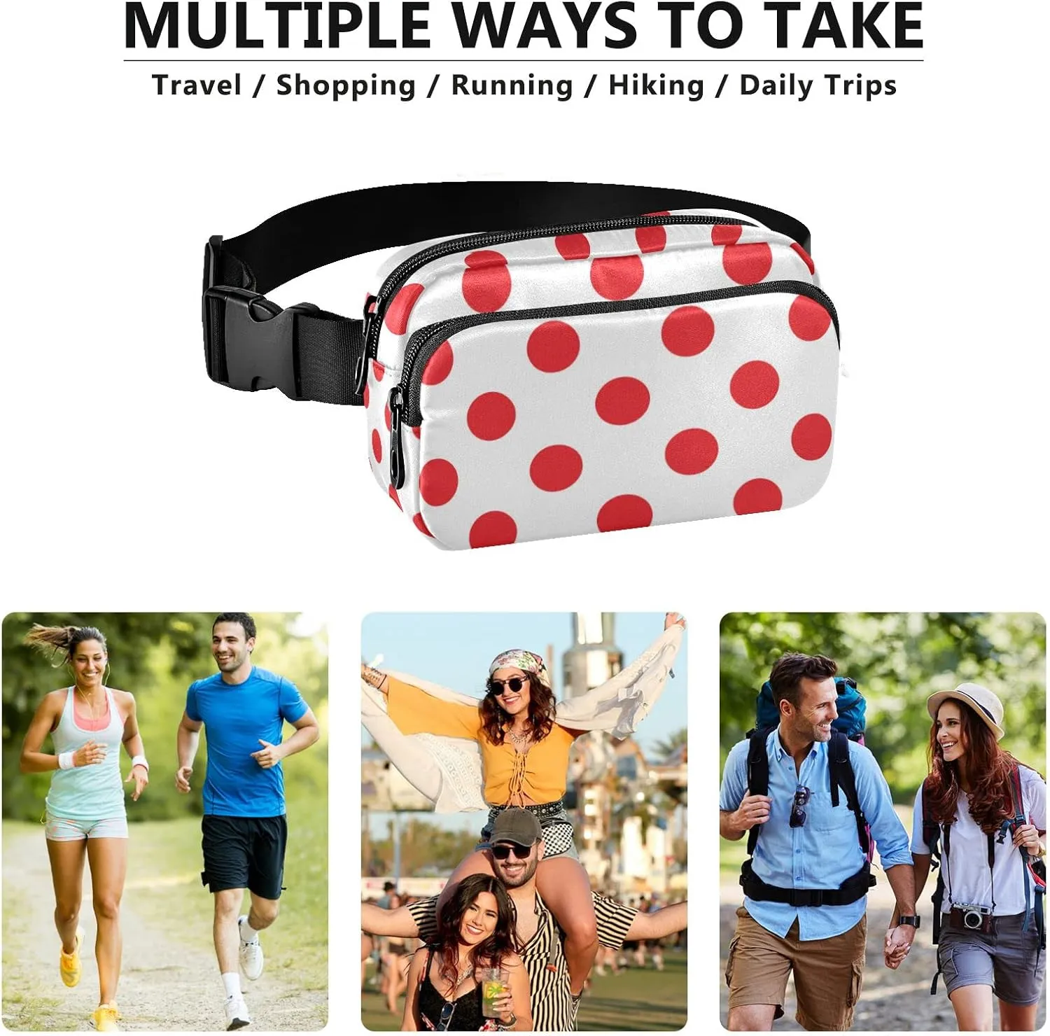 Polka Dot Red White Fanny Pack for Women Men Belt Bag Crossbody Waist Pouch Waterproof Everywhere Purse Fashion Sling Bag for Running Hiking Workout Walking