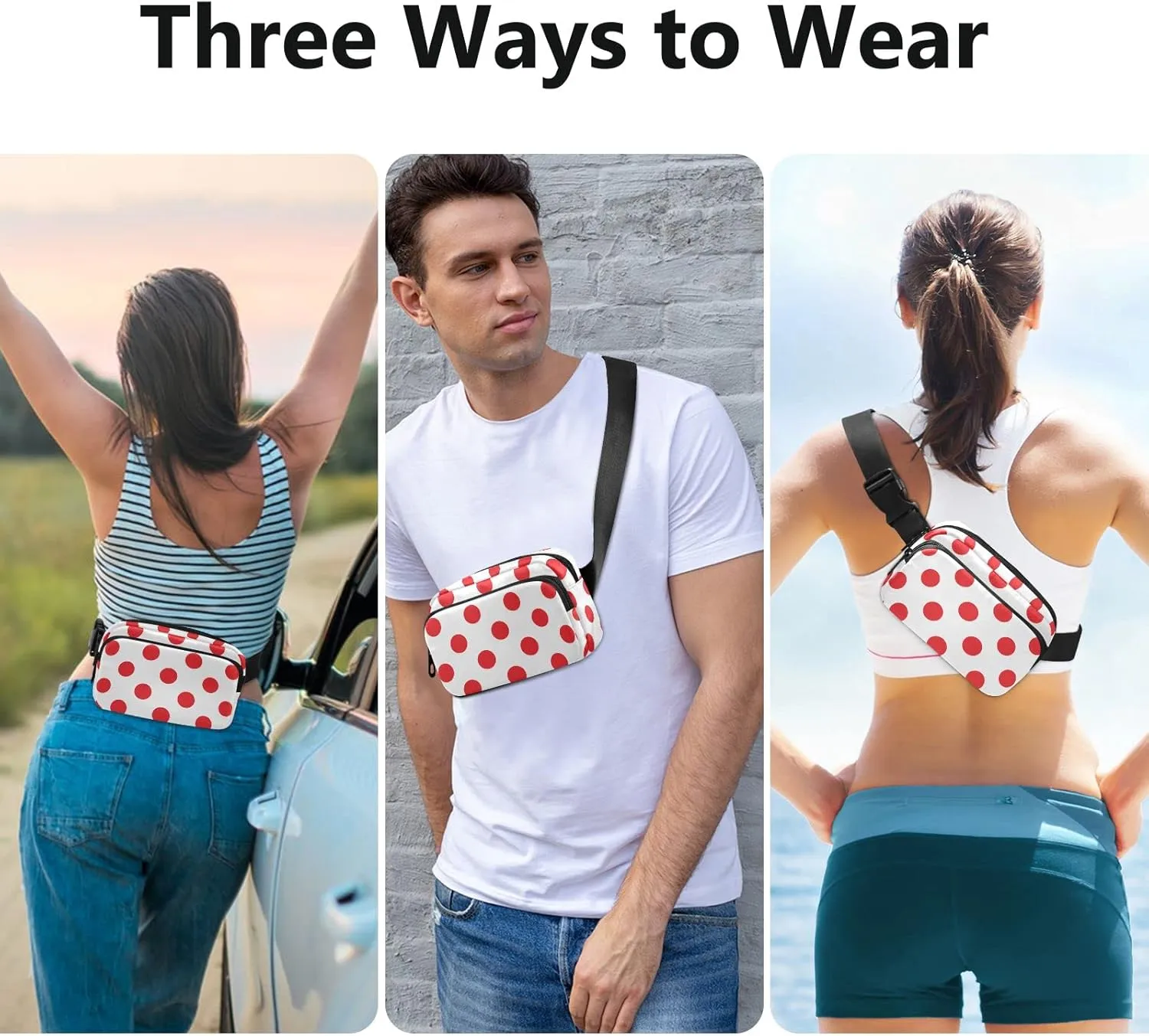 Polka Dot Red White Fanny Pack for Women Men Belt Bag Crossbody Waist Pouch Waterproof Everywhere Purse Fashion Sling Bag for Running Hiking Workout Walking