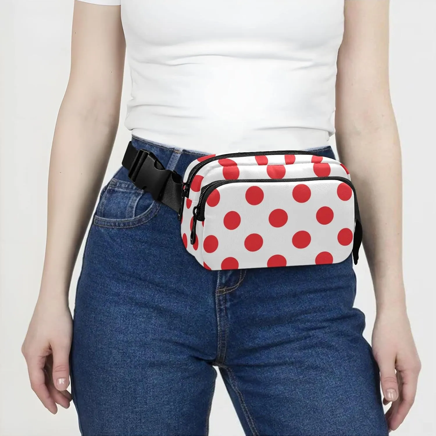 Polka Dot Red White Fanny Pack for Women Men Belt Bag Crossbody Waist Pouch Waterproof Everywhere Purse Fashion Sling Bag for Running Hiking Workout Walking