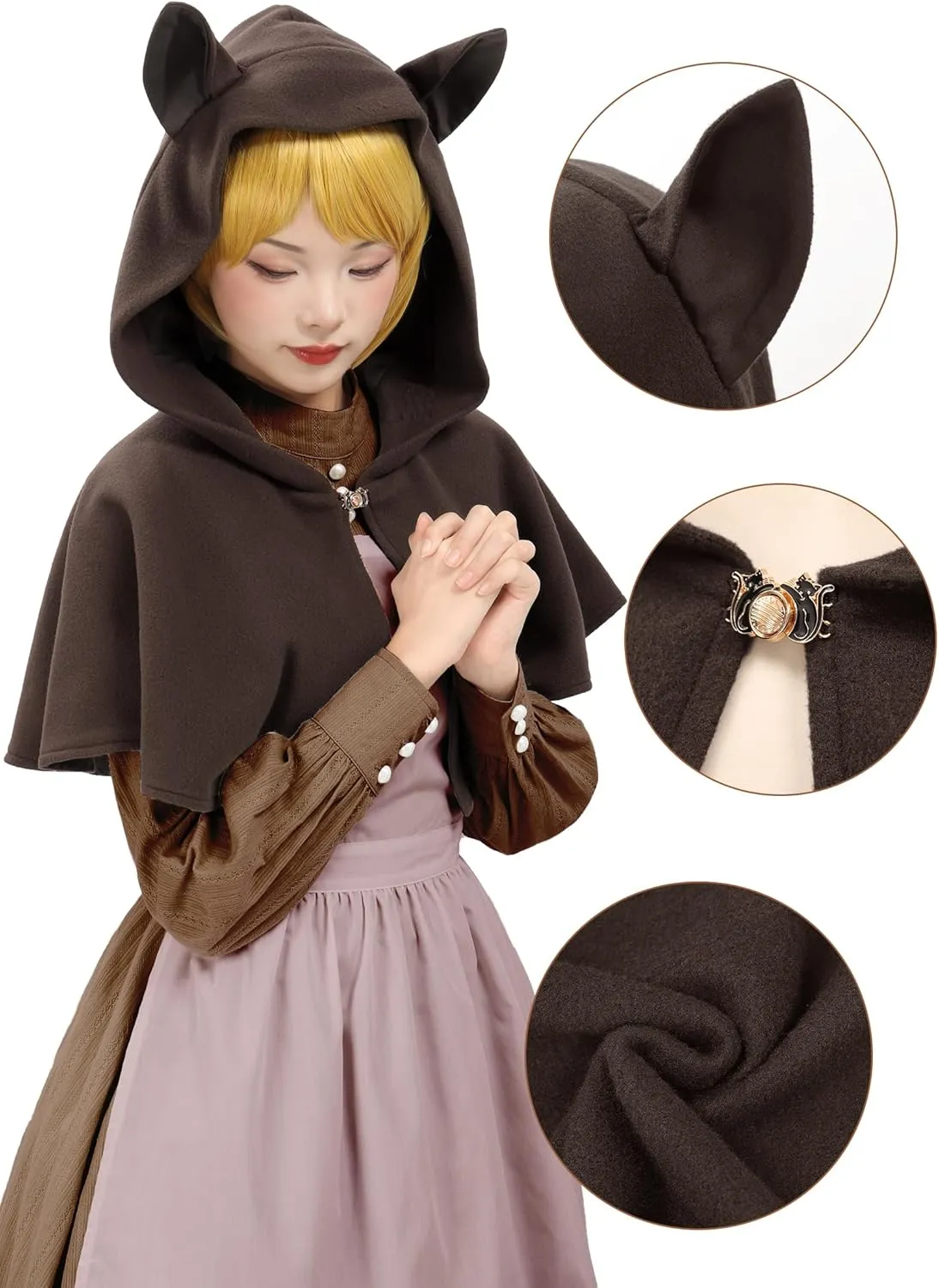 PROCOS Medieval Cowl Hood with Cat Ear Vintage Hat Cloak Cosplay Costumes Delicate Embroidered for Women
