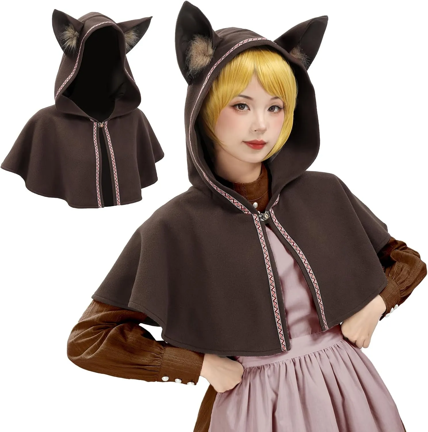 PROCOS Medieval Cowl Hood with Cat Ear Vintage Hat Cloak Cosplay Costumes Delicate Embroidered for Women