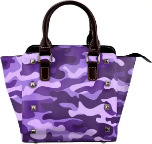 Purple Camouflage Pattern Women Leather Handbag Rivet Shoulder Bag Top Handle Satchel Purse