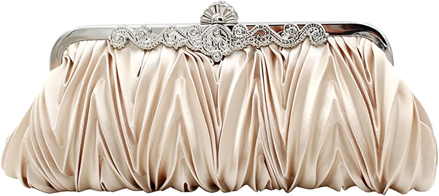 Purses and Handbags - Women's Pleated Silk Satin Evening Clutch Classic Wedding Party Purse Crossbody Bags (Color : Champagne)