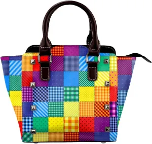 Rainbow Colored Square Shaped Women Leather Crossbody Handbag Mini Shoulder Bag Lightweight Top-Handle Tote Bags