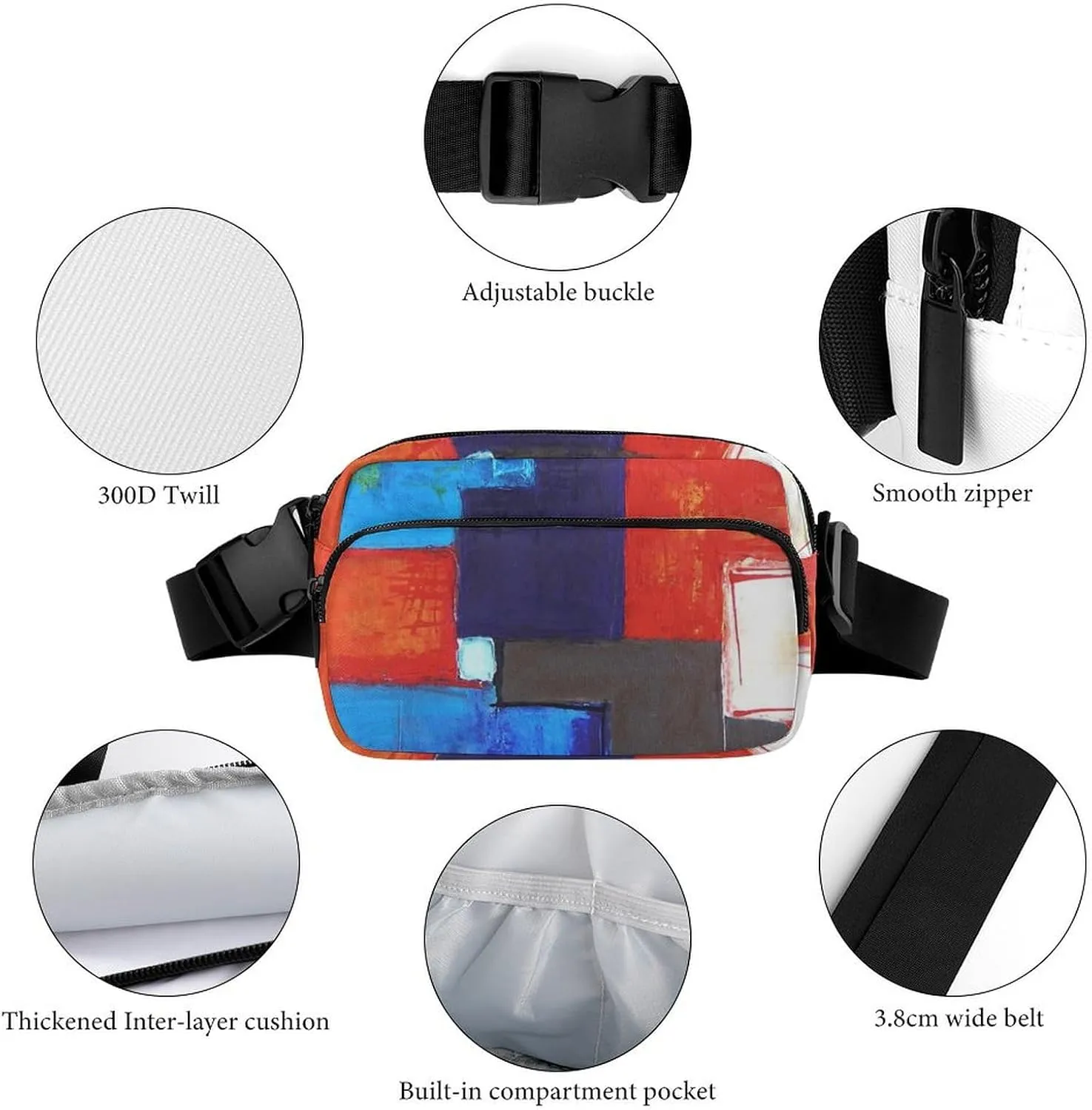 Red Blue Geometric Modern Abstract Art Fanny Pack Belt Bag with Adjustable Strap Waist Packs Small Pouch Crossbody Bags for Hiking Running Cycling Traveling