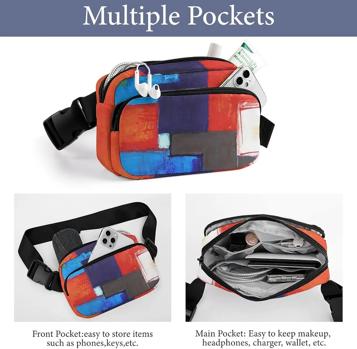 Red Blue Geometric Modern Abstract Art Fanny Pack Belt Bag with Adjustable Strap Waist Packs Small Pouch Crossbody Bags for Hiking Running Cycling Traveling