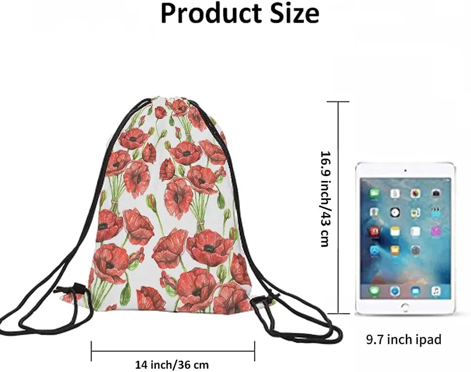 Red Poppies Drawstring Bags Backpack Bag Watercolor Spring Flowers Buds Bouquet Blossom Botanical Branch Sport Gym Sack Drawstring Bag String Bag Yoga Bag for Men Women