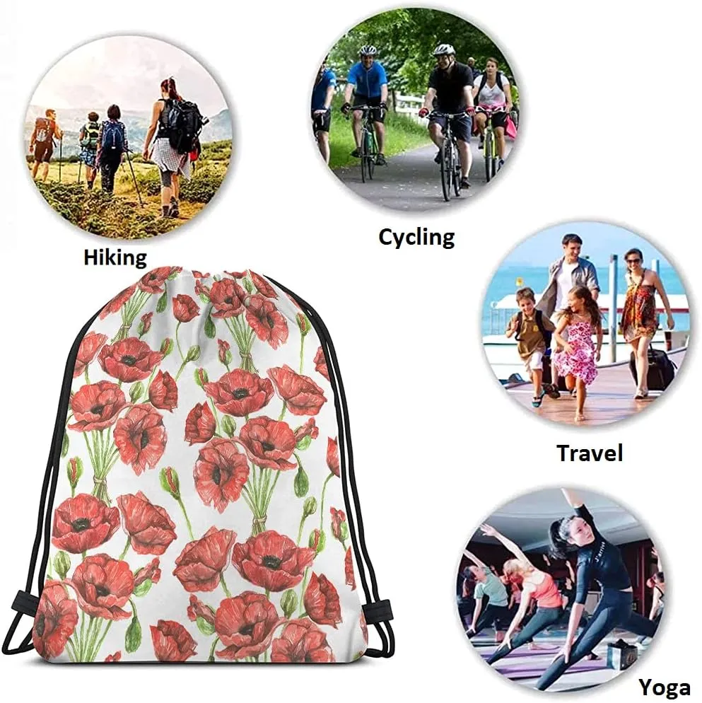 Red Poppies Drawstring Bags Backpack Bag Watercolor Spring Flowers Buds Bouquet Blossom Botanical Branch Sport Gym Sack Drawstring Bag String Bag Yoga Bag for Men Women