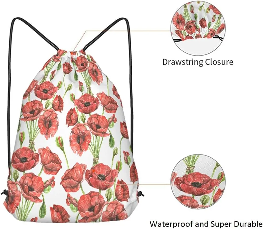 Red Poppies Drawstring Bags Backpack Bag Watercolor Spring Flowers Buds Bouquet Blossom Botanical Branch Sport Gym Sack Drawstring Bag String Bag Yoga Bag for Men Women