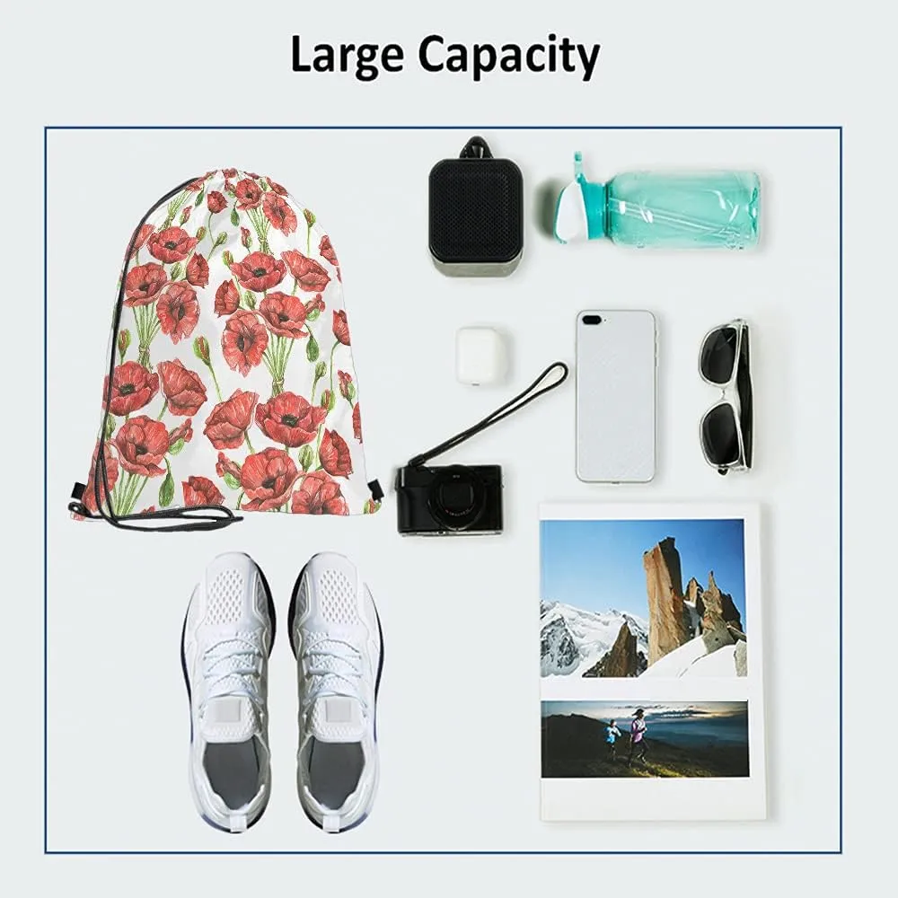 Red Poppies Drawstring Bags Backpack Bag Watercolor Spring Flowers Buds Bouquet Blossom Botanical Branch Sport Gym Sack Drawstring Bag String Bag Yoga Bag for Men Women