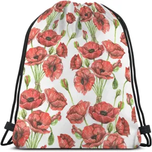 Red Poppies Drawstring Bags Backpack Bag Watercolor Spring Flowers Buds Bouquet Blossom Botanical Branch Sport Gym Sack Drawstring Bag String Bag Yoga Bag for Men Women