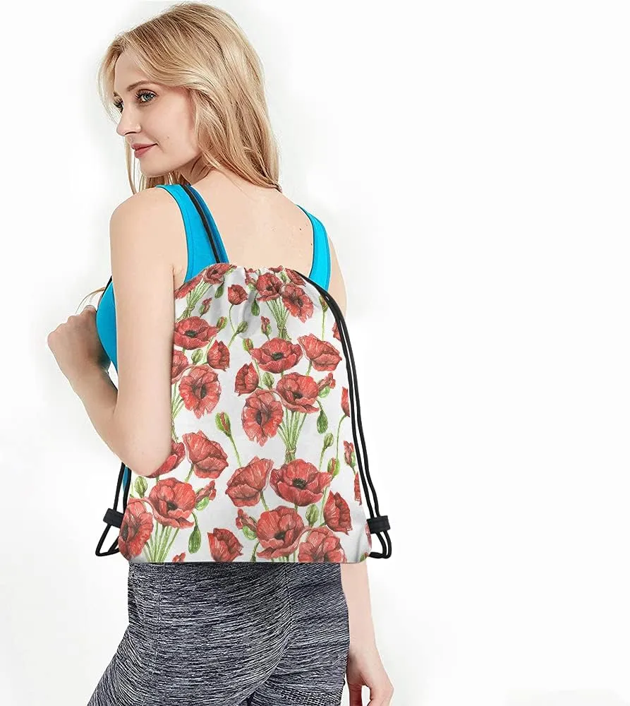 Red Poppies Drawstring Bags Backpack Bag Watercolor Spring Flowers Buds Bouquet Blossom Botanical Branch Sport Gym Sack Drawstring Bag String Bag Yoga Bag for Men Women