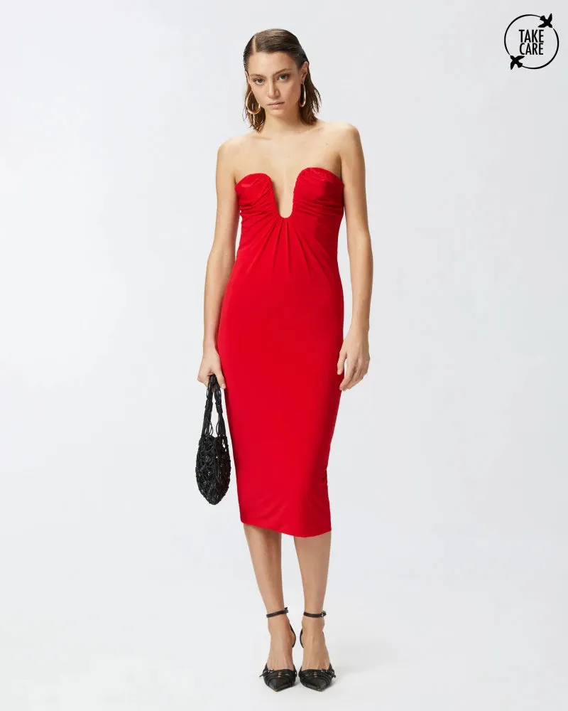 Red sleeveless knee length jersey dress