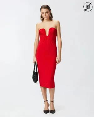 Red sleeveless knee length jersey dress